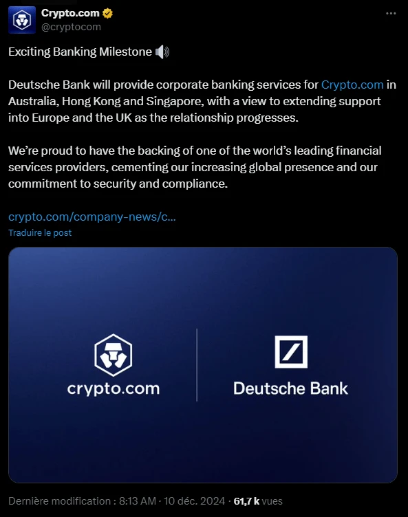 Crypto.com s’associe à Deutsche Bank pour développer ses activités en Asie, dans le Pacifique